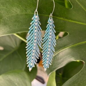 Elegant Blue Beaded Leaf Earrings